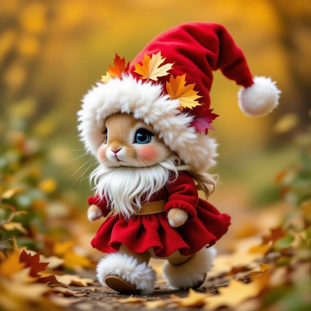 Gnome Rabbit in Autumn Garden with Fairy-Tale Hat