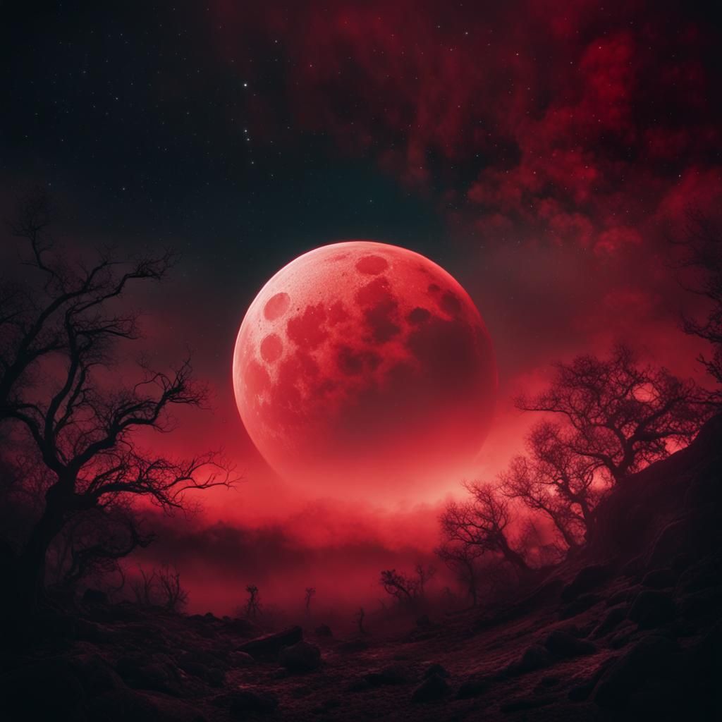 Spooky Moon in Misty Red Galactic Setting