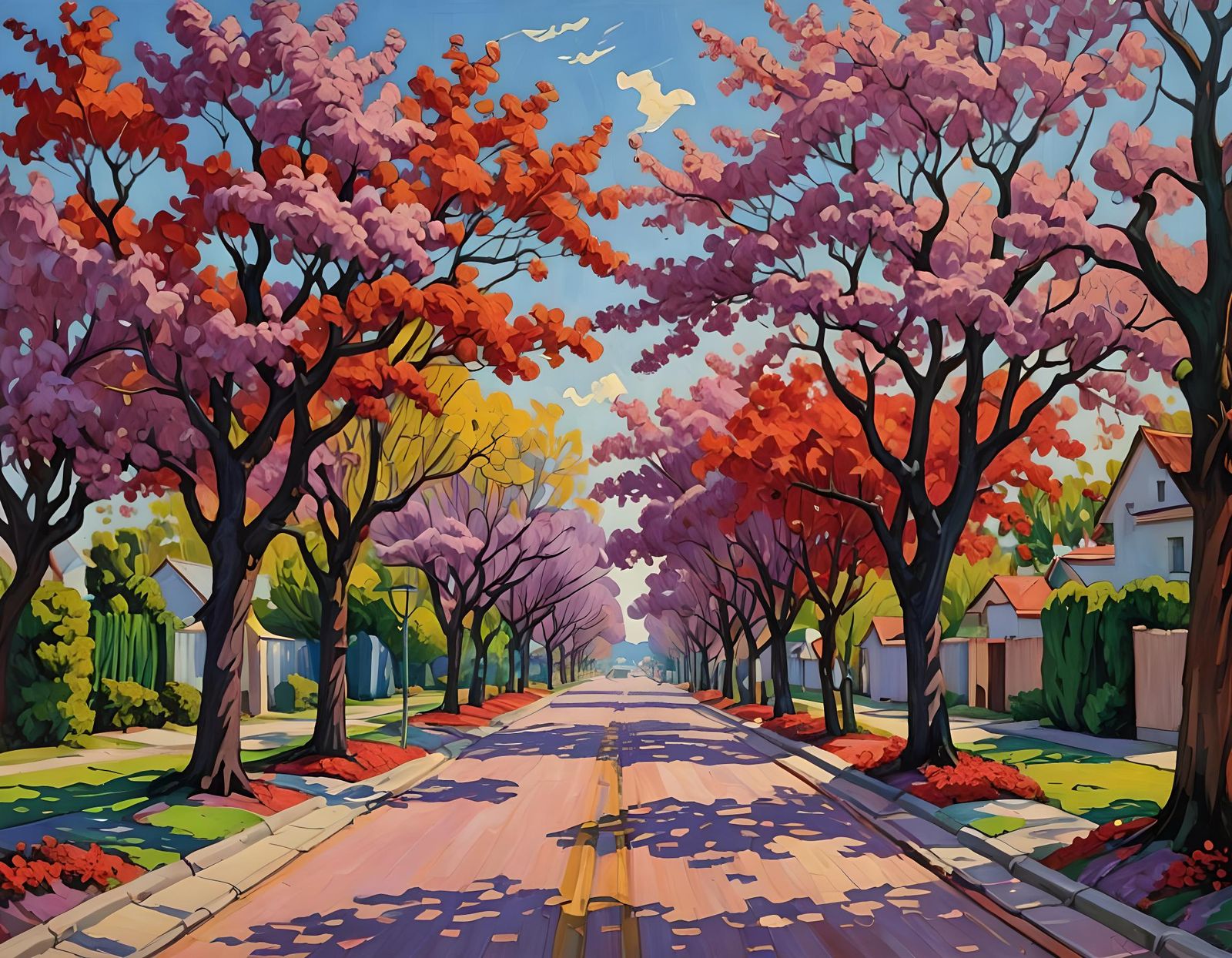 Jacaranda and Flame Trees: Post-Impressionist Oil Painting