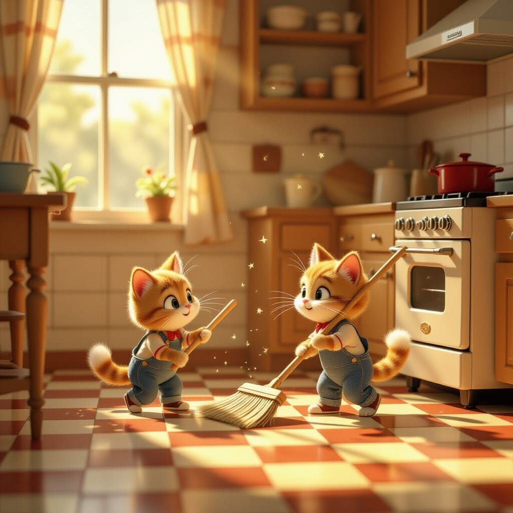 Animated Dustpan and Broom Sweep Vintage Kitchen Floor