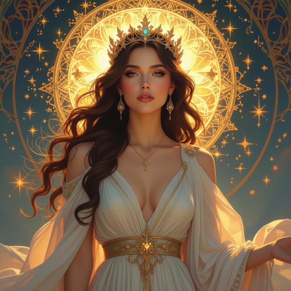 Radiant Goddess in Golden Hour Light, Fantasy Art