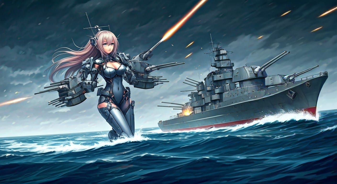 Dynamic Warship Waifus Clash on the Open Ocean