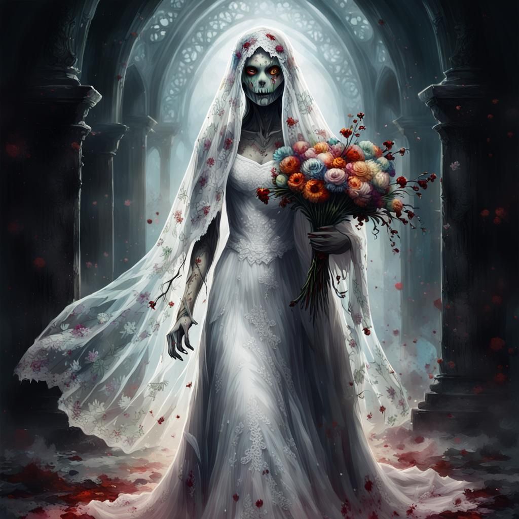 Ethereal Ghost Bride with Flowers: Dark Fantasy Art