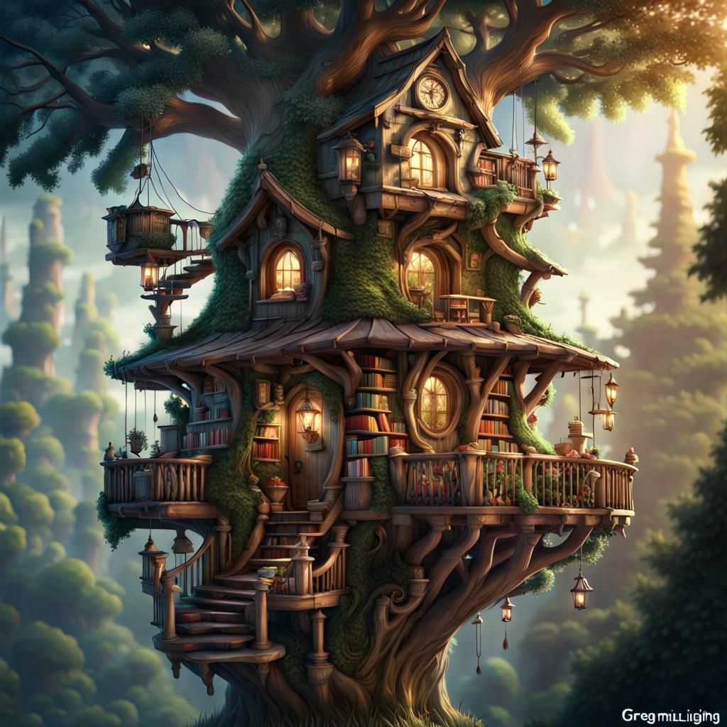 Enchanted Treehouse Library: Hyperdetailed Concept Art