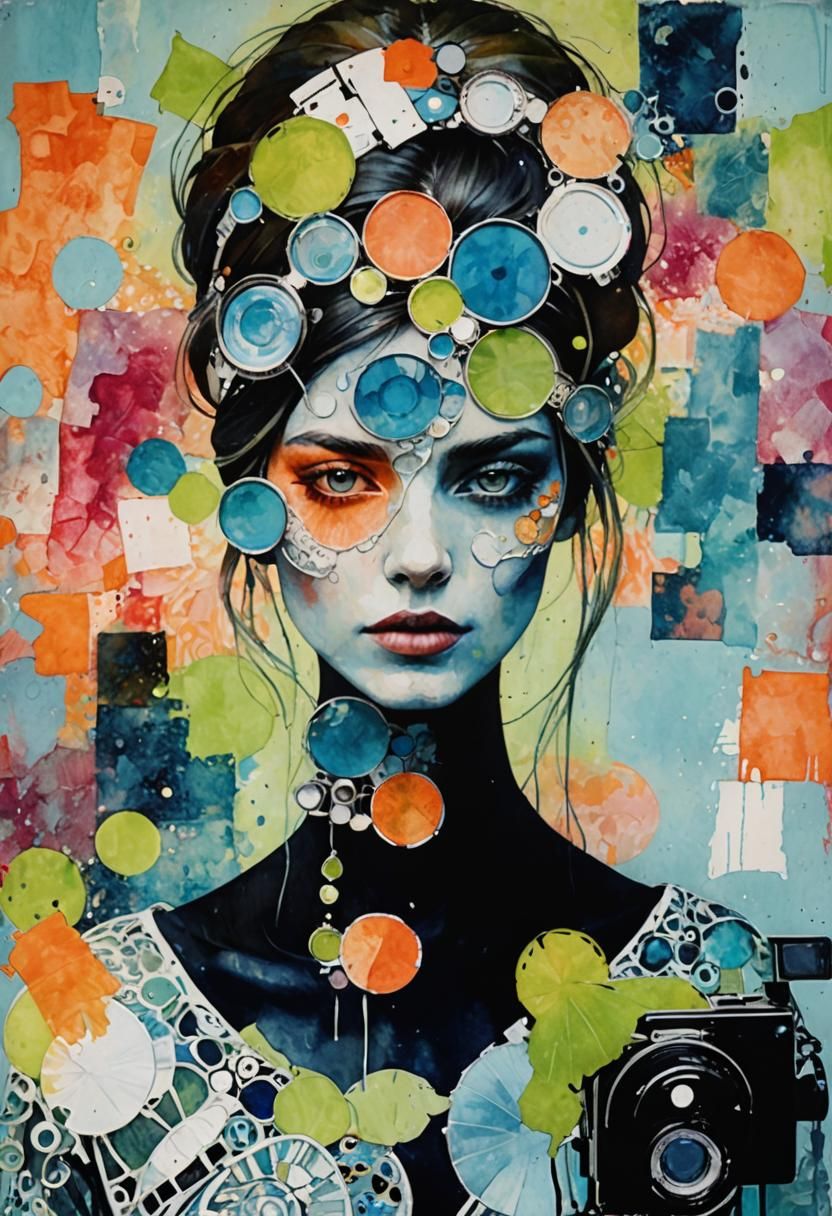 Surrealist Watercolour: Woman and Camera Lenses