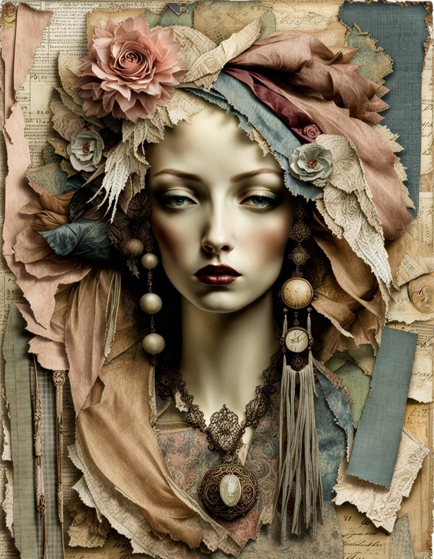 Antique Pastel Fabric Collage with Grungy Texture