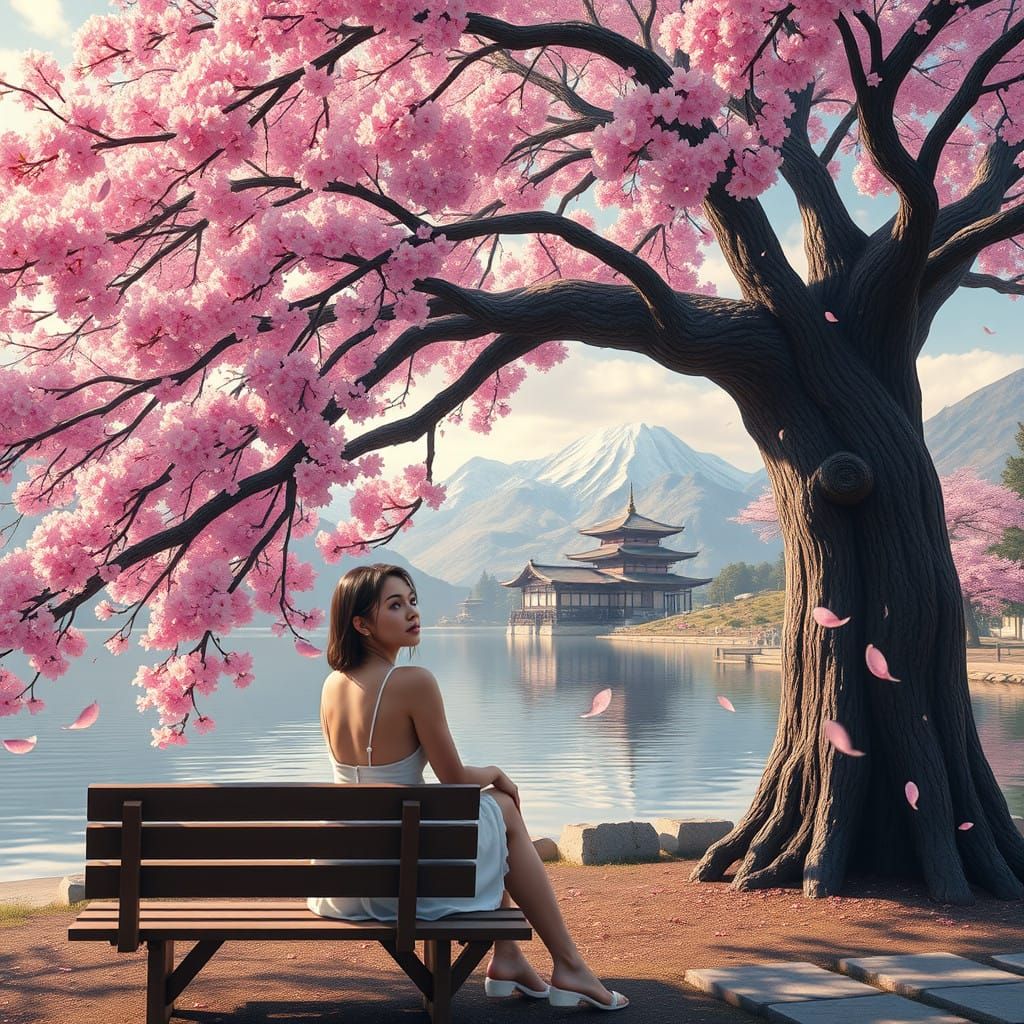 Japanese Fantasy Landscape with Elegant Woman and Majestic S...