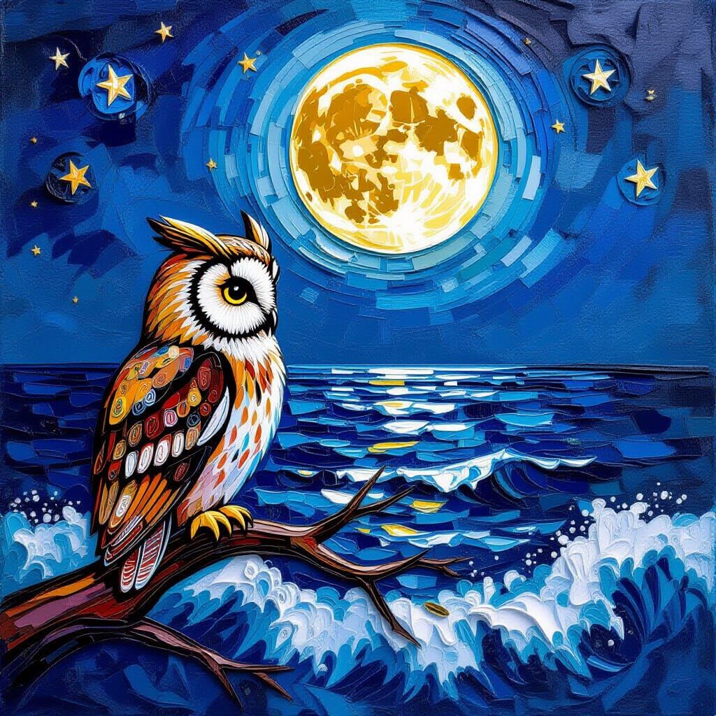 Owl Over Ocean: Impasto Oil Painting with 3D Quilling