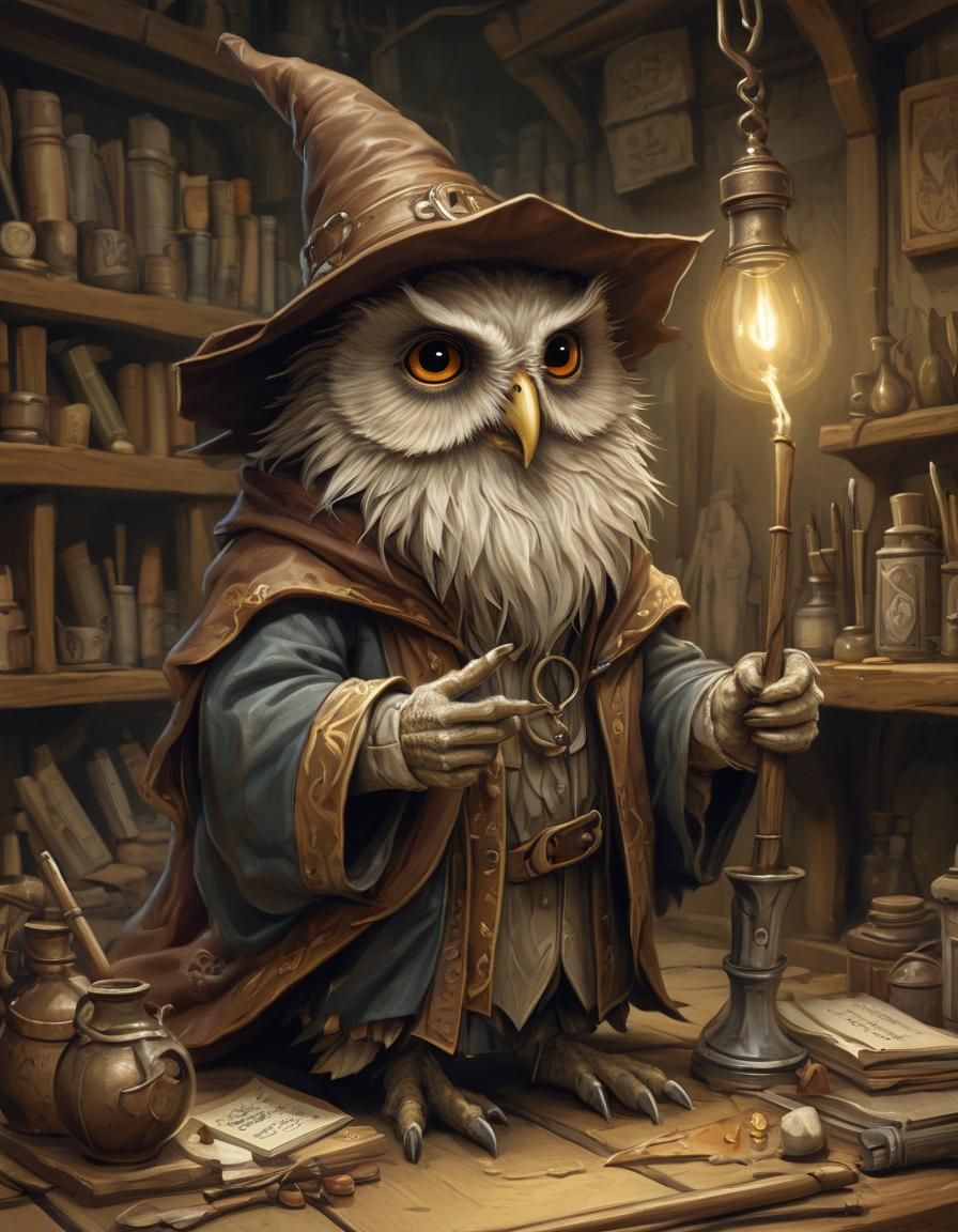 Chibi Owl Wizard in Workshop: Digital Caricature
