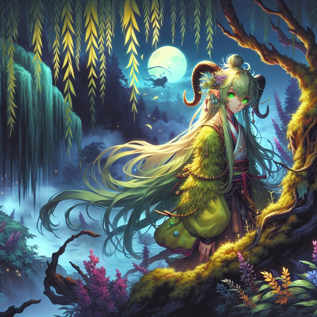 Anime Satyr Girl in Foggy Moonlit Scene