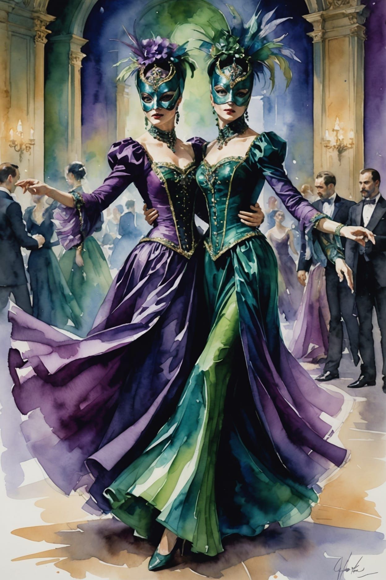 Masked Ball Dancers in Watercolor Style
