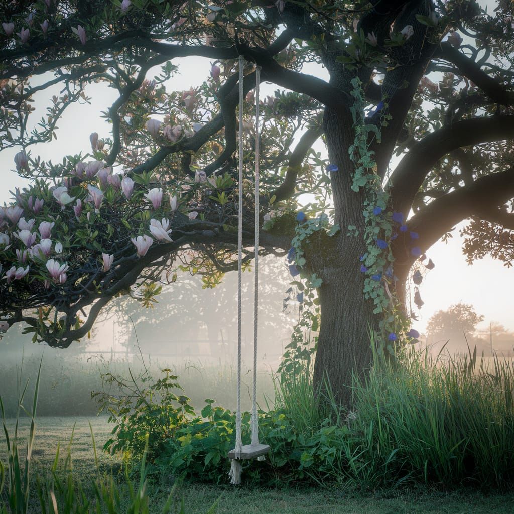 Magnolia Tree in Bloom at Sunrise