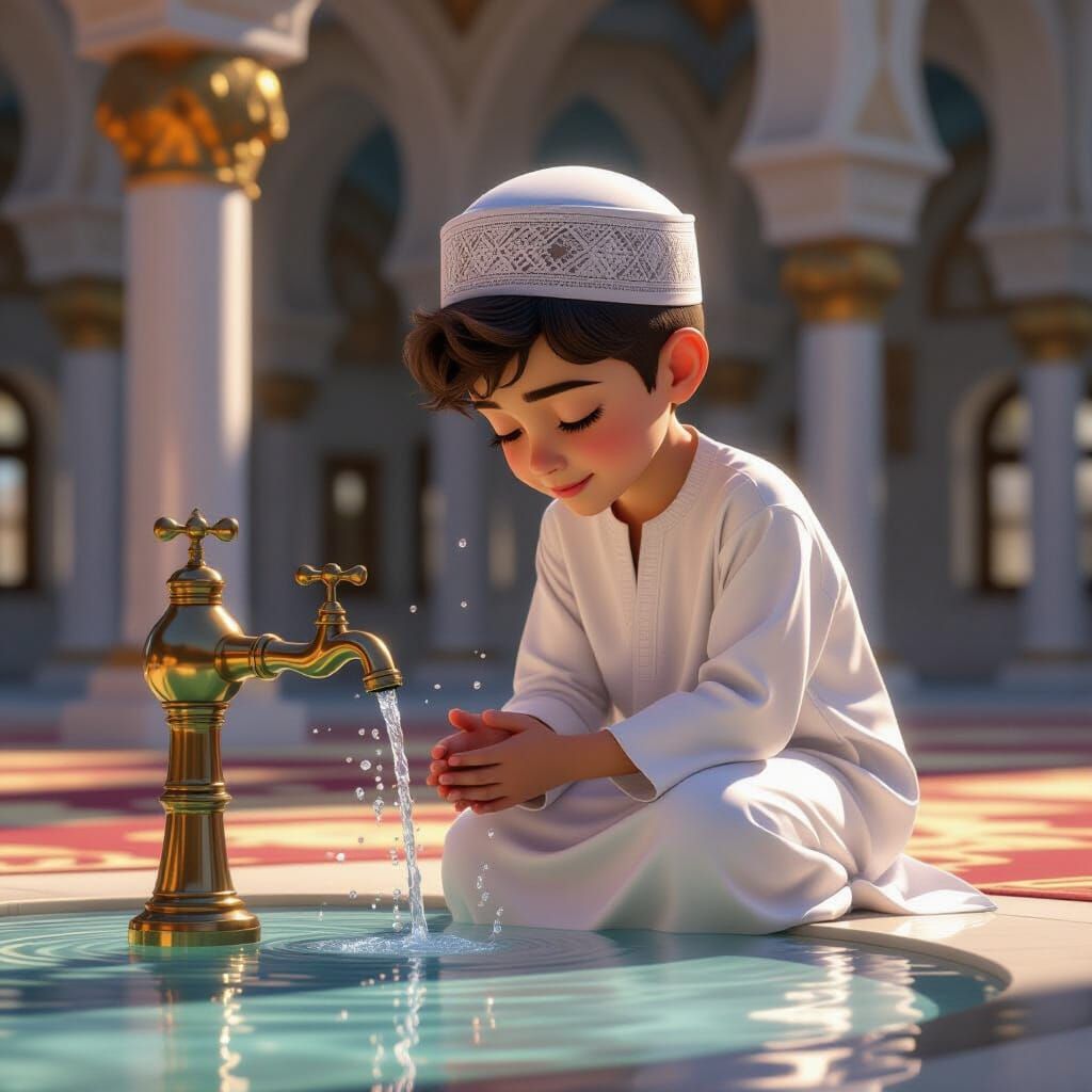 Muslim Boy Wudu at Mosque in 3D Realistic Style