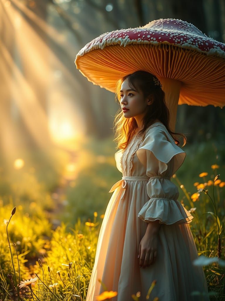 Young Woman Beside Giant Mushroom in Enchanted Meadow