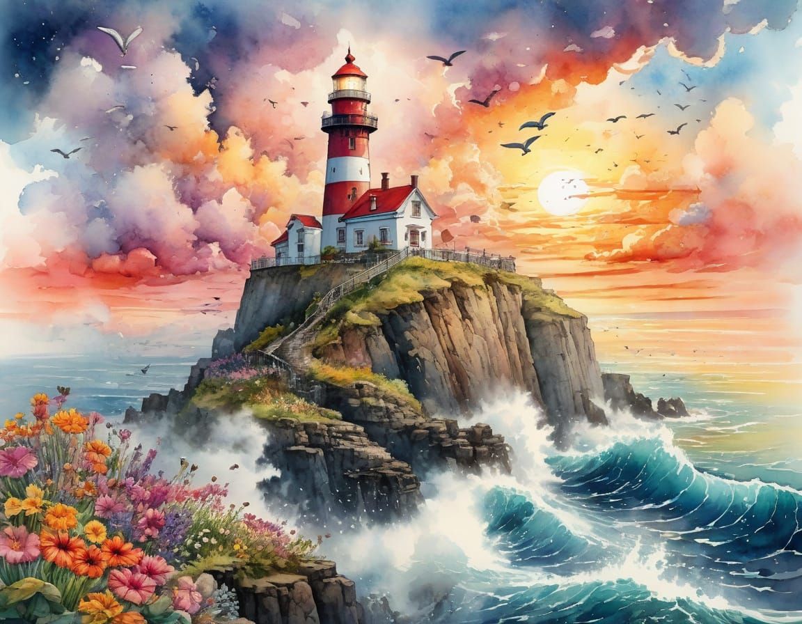Colorful Lighthouse with Whales in Ink and Watercolor