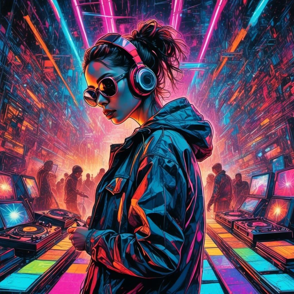 Neon Cyberpunk DJ at Rave Dance Party