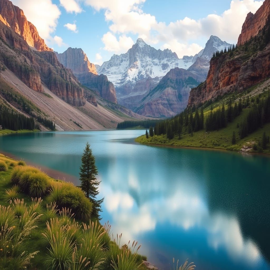 Scenic Landscape: Serene Lakes and Towering Mountains