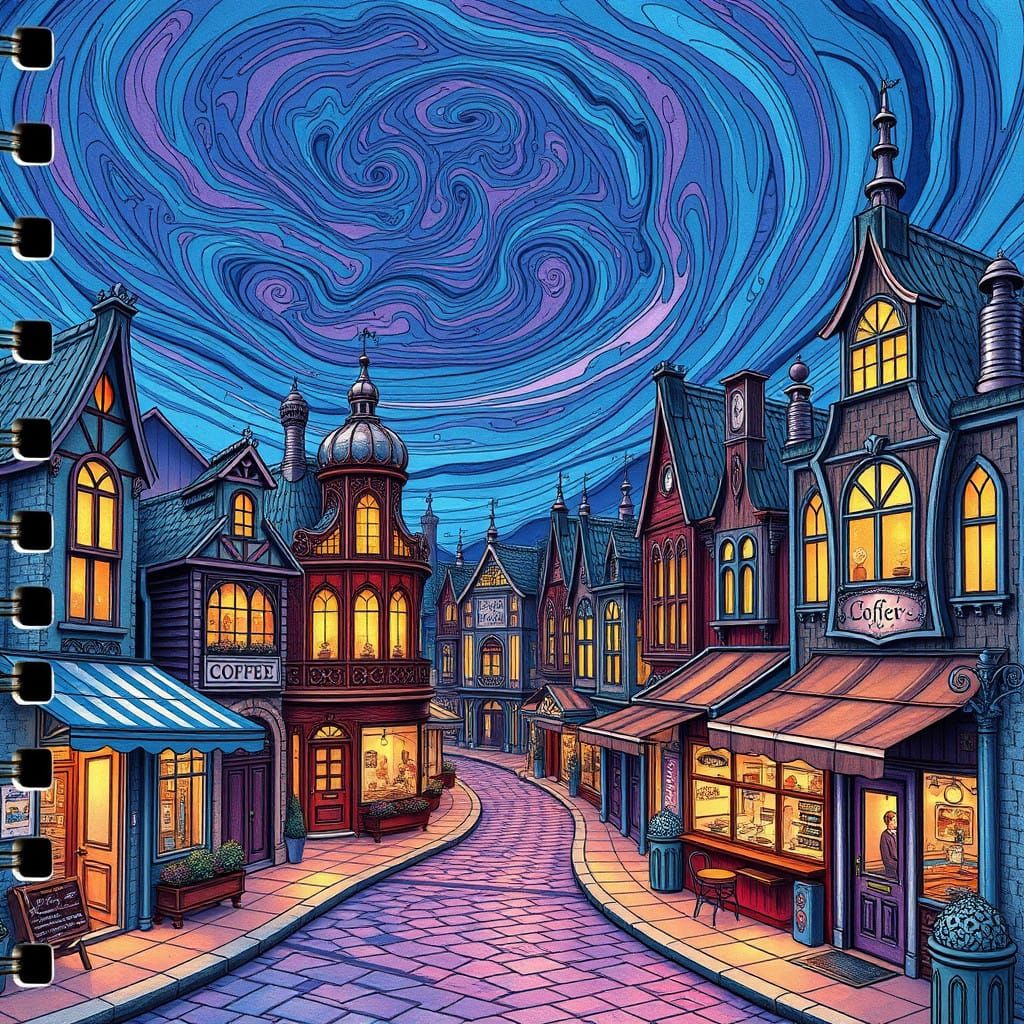 Dreamlike 3D Cityscape with Steampunk Coffee Shops in Abstra...