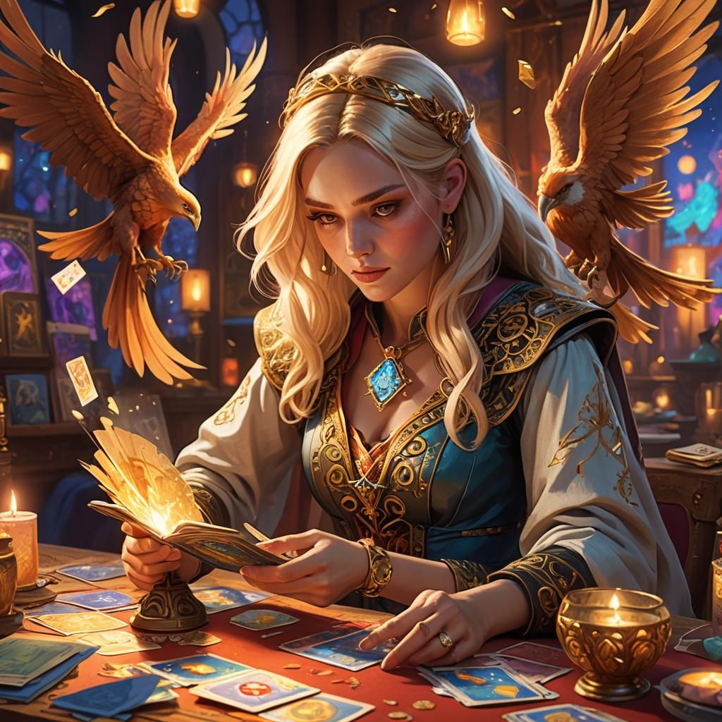 Phoenix and Tarot Reader in Pixar-Inspired Style