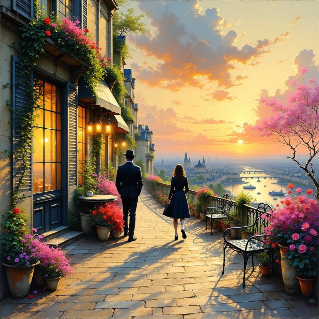 Romantic Terrace Scene Overlooking the Seine