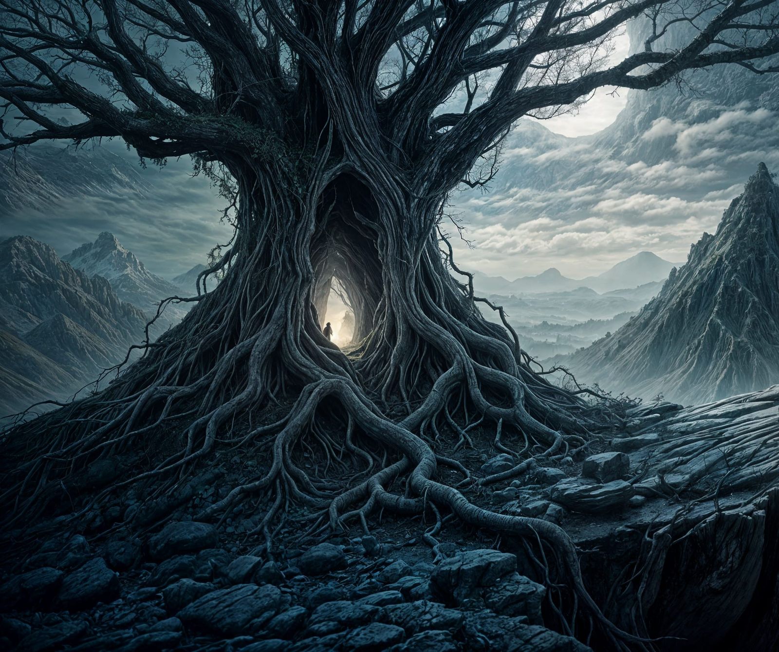 Dark Fantasy Hermit on Misty Mountain Peak