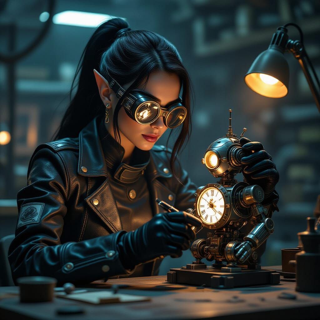 Elven Artificer Crafts Clockwork Robot in Industrial Worksho...