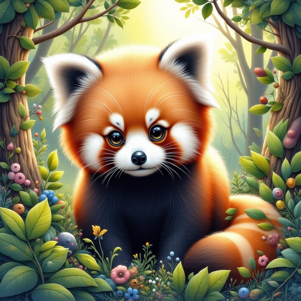 Watercolor Red Panda in Forest with Glassy Eyes