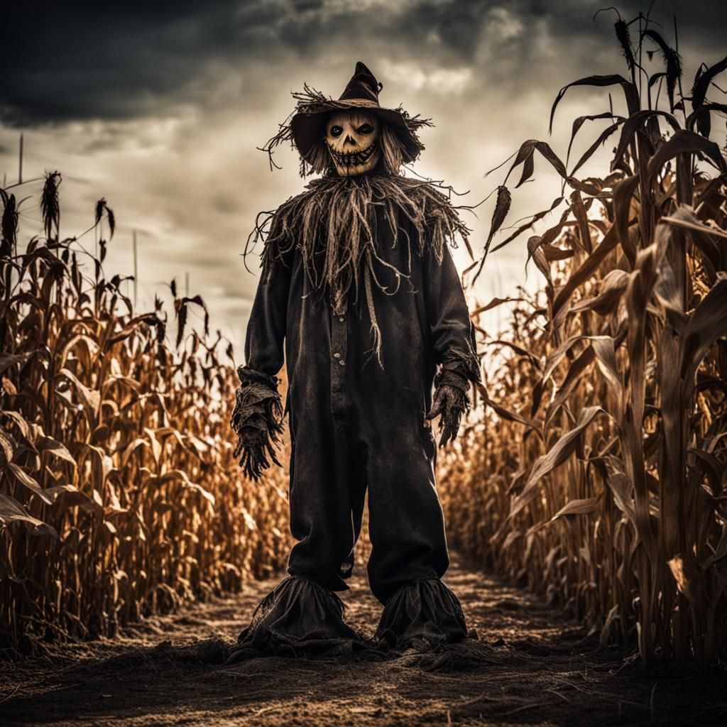 Creepy Scarecrow in a Dark Corn Maze