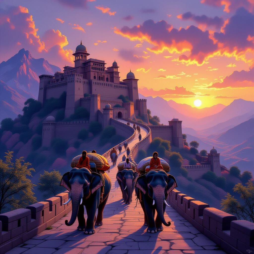 Elephants Ascend Mountain Fortress in Golden Sunset
