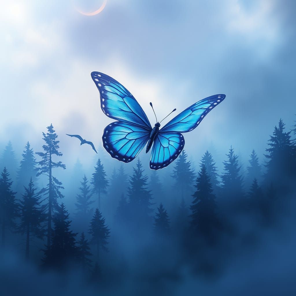 Sapphire Butterfly Over Misty Forest, Miyazaki Style