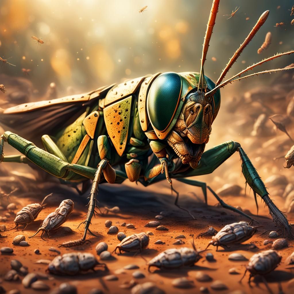 Hyperrealistic Locust Swarm in Colorful Splash Art