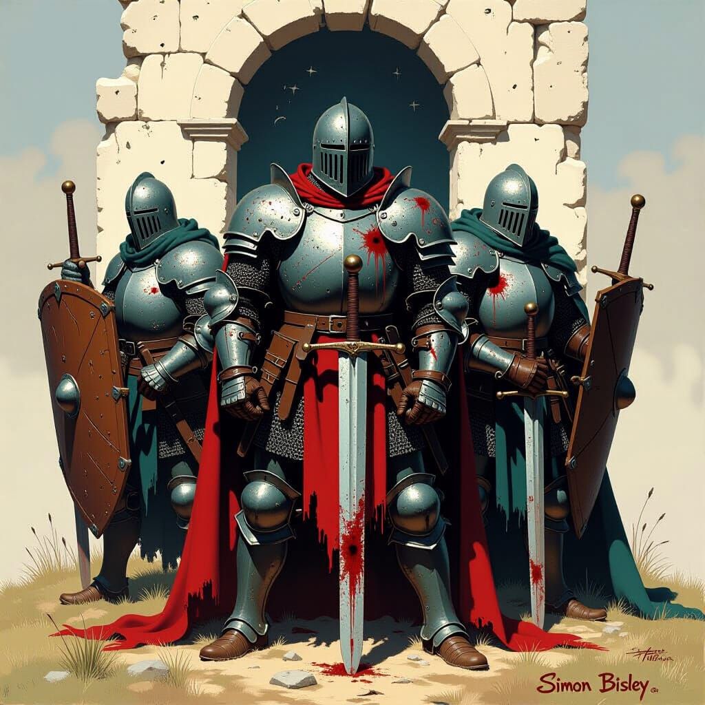 Battered Knights After Battle: Dramatic, Gritty Image