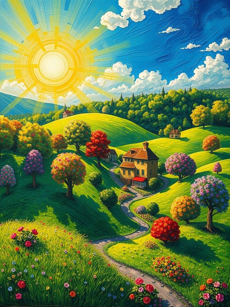 Vibrant Village in a Whimsical Spring Meadow