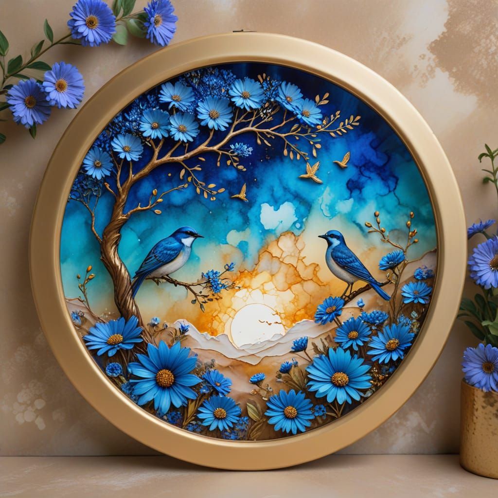 Alcohol Ink Art: Blue Tones with Flowers, Bird, and Gold Fra...