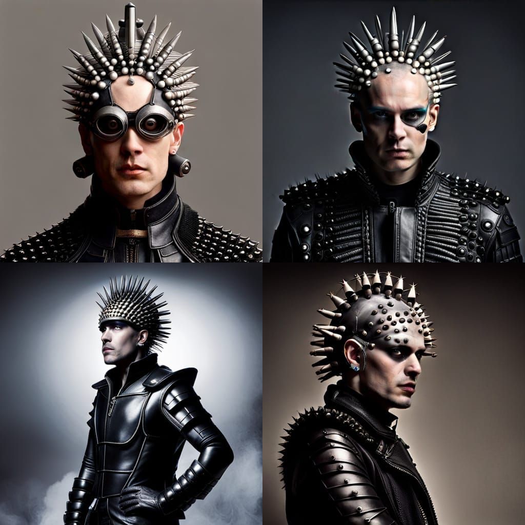 a punk man with  a ladybug mask armor 2 0 2 0 fashion, mohawk, (hr giger), bald head and menacing look, men's fashion, d...