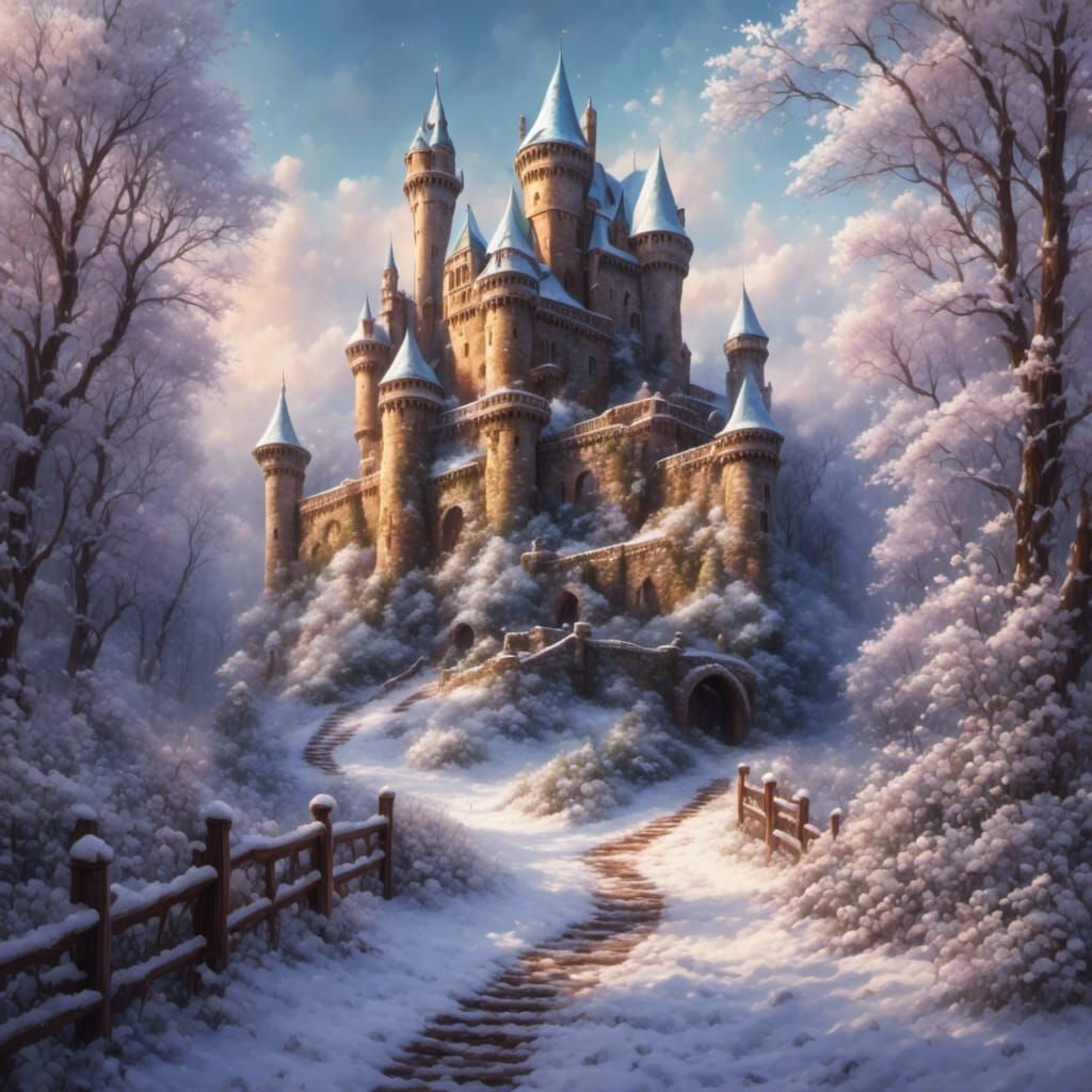 a snowy pathway to a castle in a winter landscape