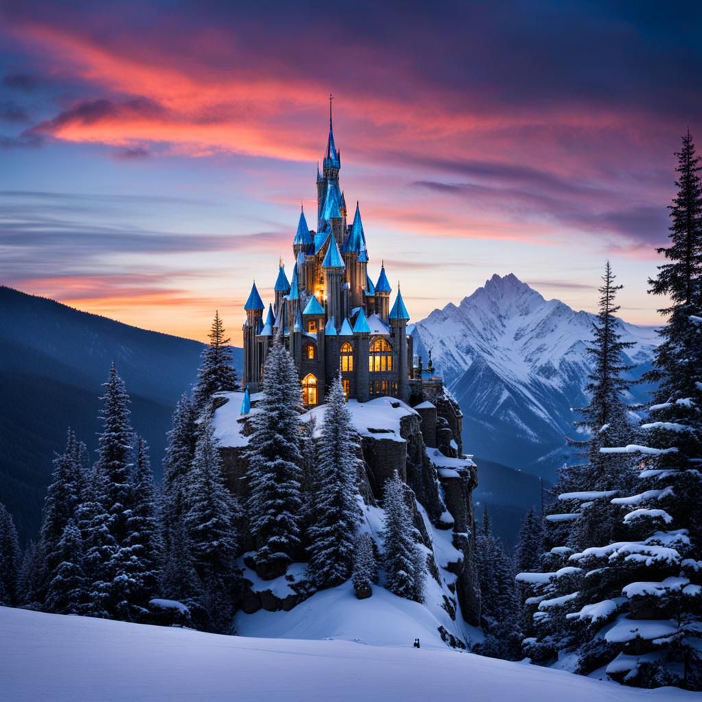 Crystal Castle on Snowy Mountain Peak