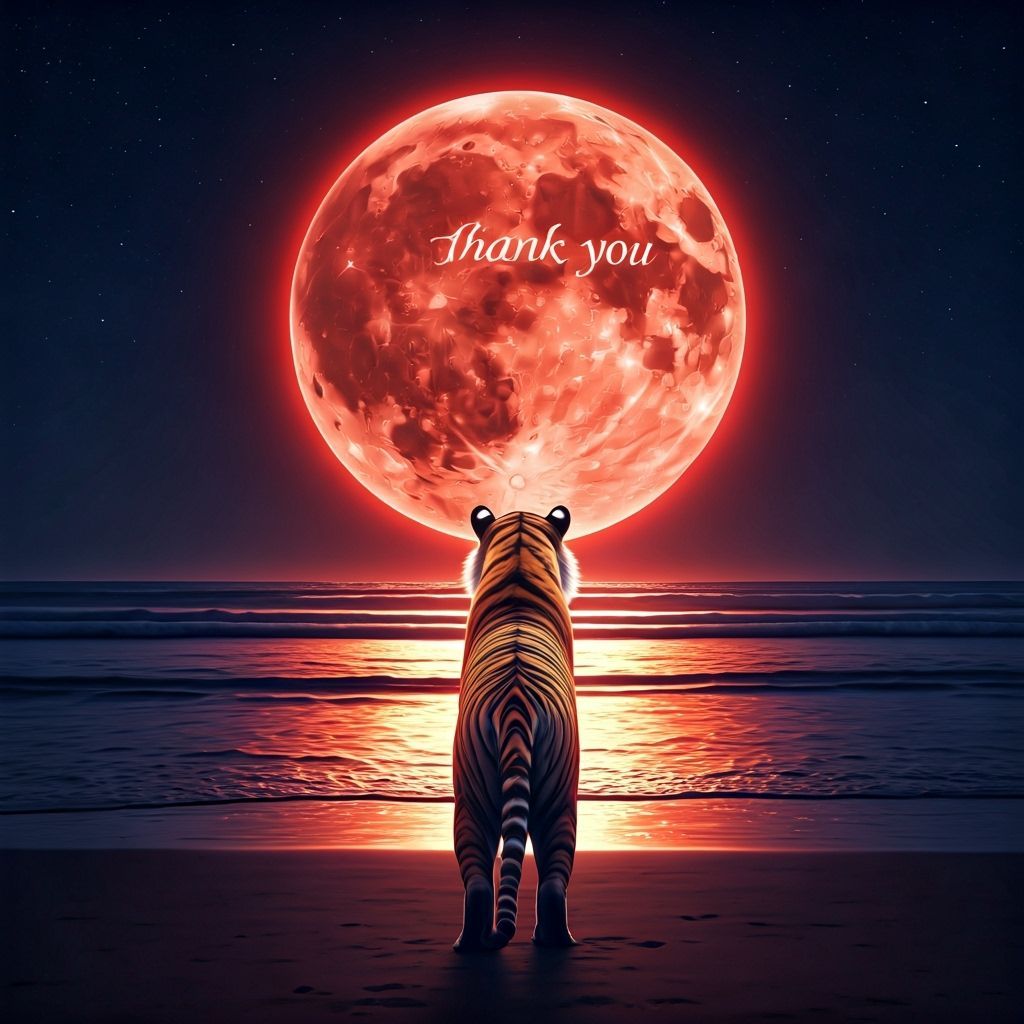 Tiger on Beach with Glowing Red Moon, Hyper-Realistic 3D Sty...