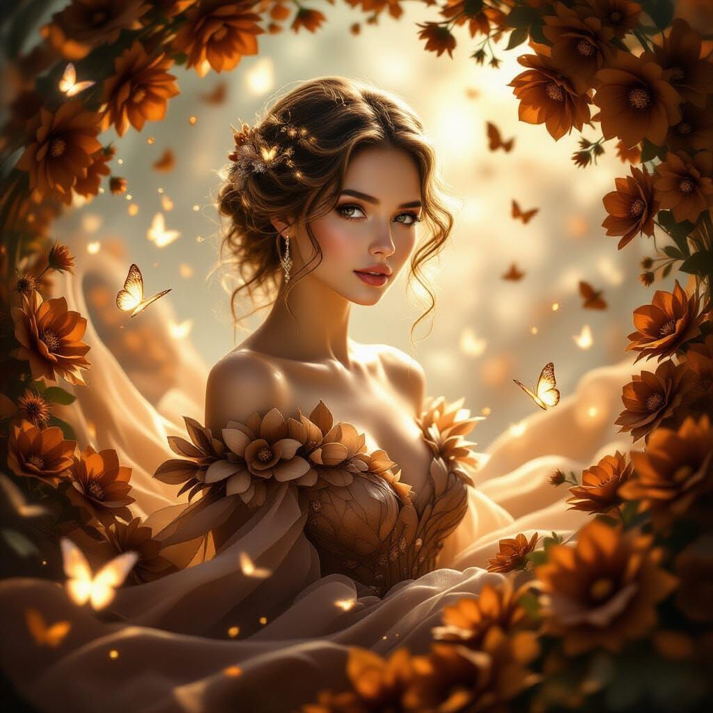 Ethereal Woman Amidst Brown Floral Vortex