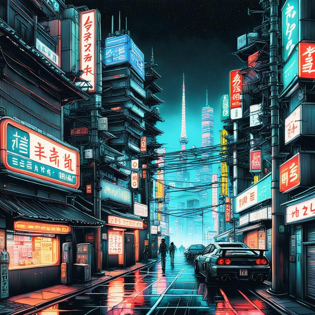 Cyberpunk Tokyo Painting with Neon Signs and Glitch Art