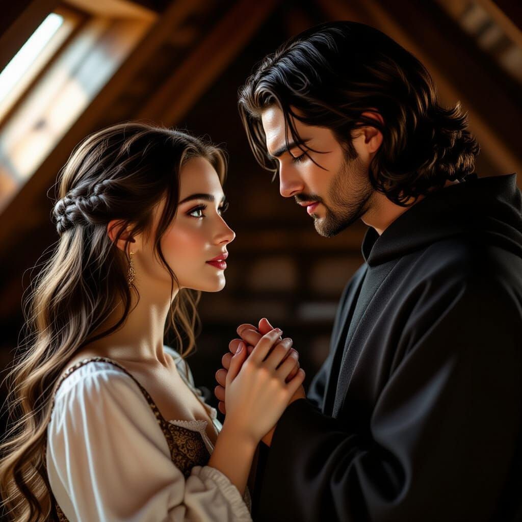 Couple's Intimate Moment in Old Church Attic