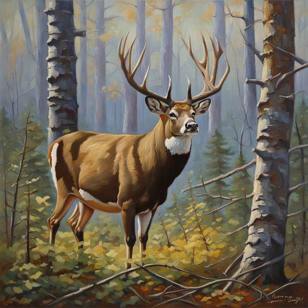 White-Tailed Buck in Forest as Oil Painting