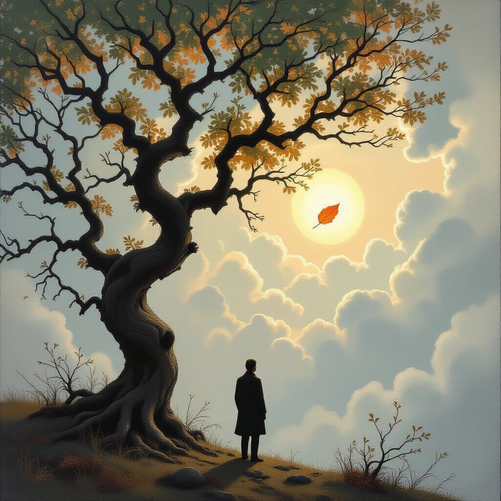 Man Contemplates Tree Under Turbulent Sky, Symbolist Style