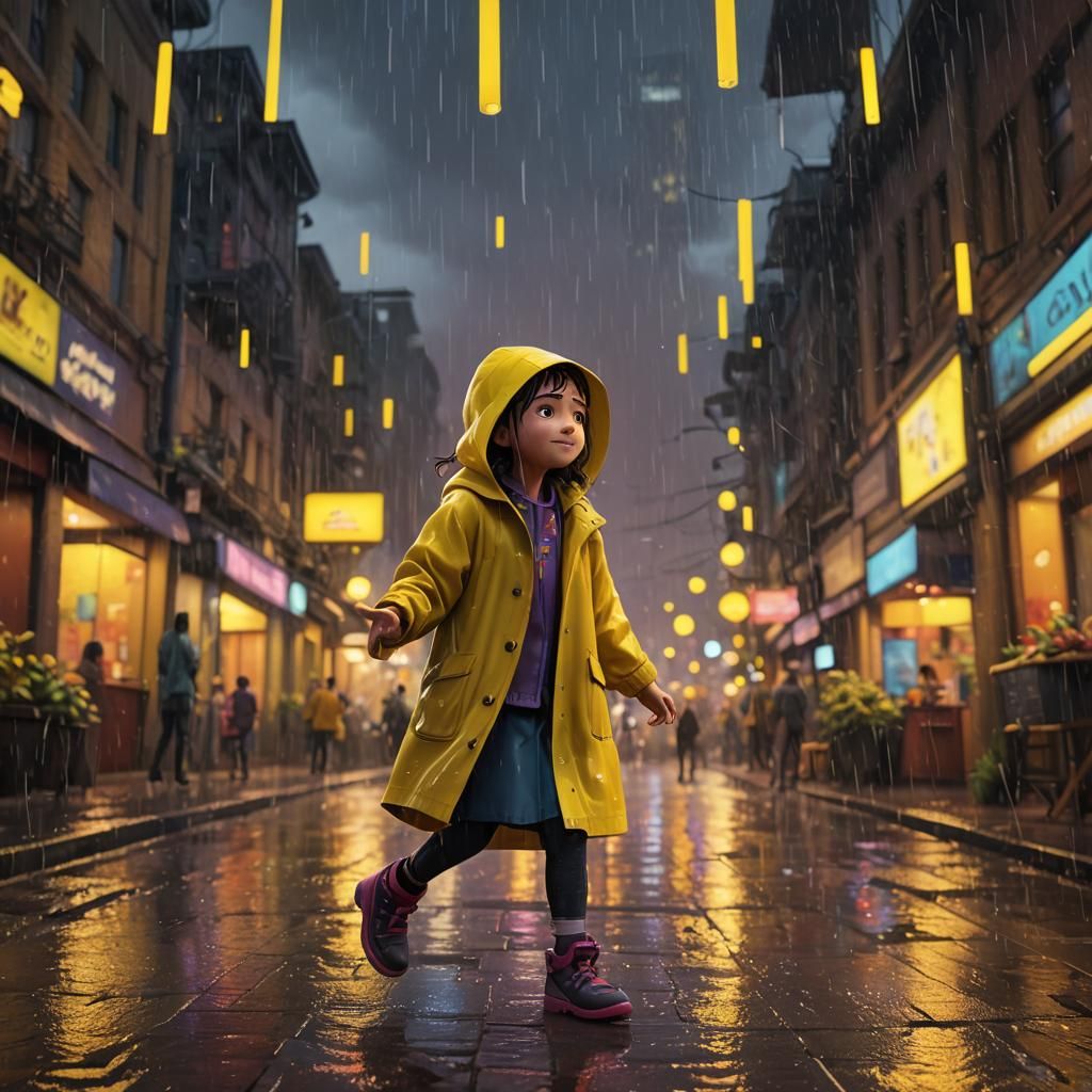 Girl in Yellow Coat Plays in Rainy City: 3D Art