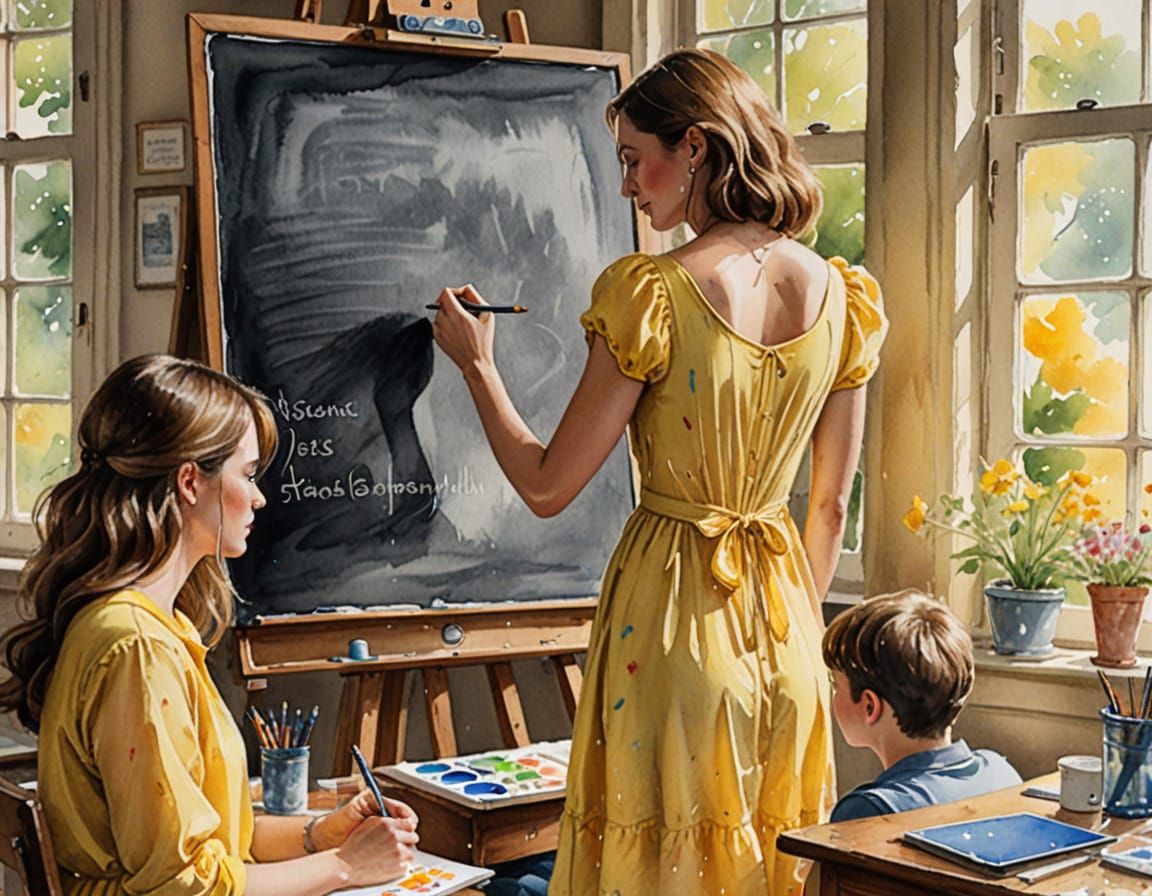 Woman in Yellow Sundress Writes on Blackboard in Dreamy Wate...