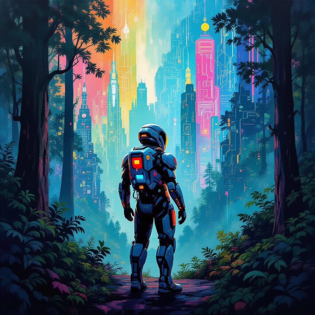 Futuristic Figure on Wooded Planet in Abstract Style