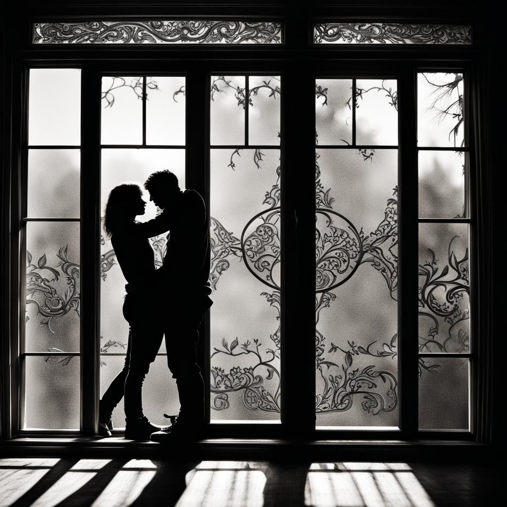 a shadow image of two people hugging on the window I'm looking out of.