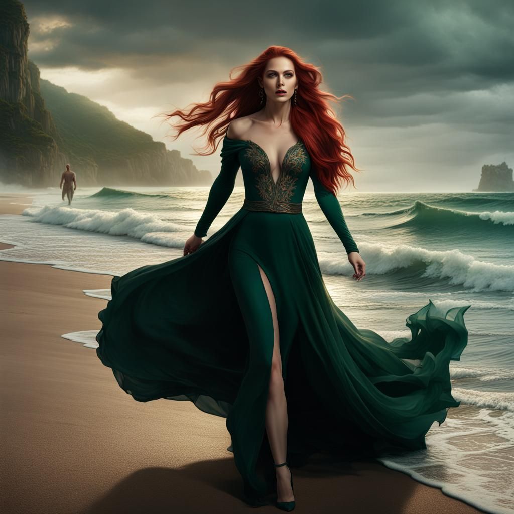 Woman on Beach with Man: Fantasy Concept Art