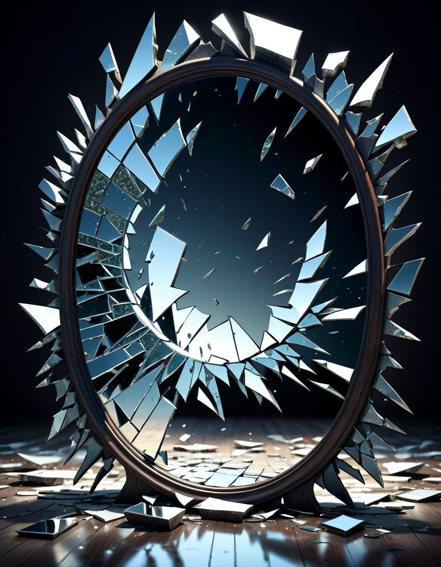 Shattered Fantasy Mirror Reflecting Distorted Scenes