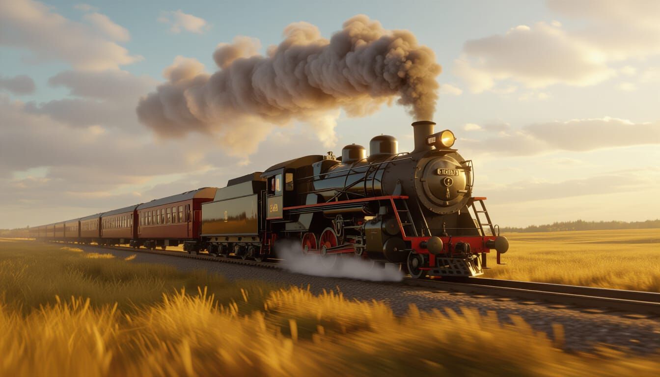 Steam Train Speeds Through Golden Grasslands